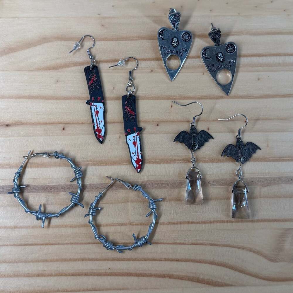 Halloween Costume Jewelry Earring Lot of Four Pairs Bats Knife Ouija Planchette